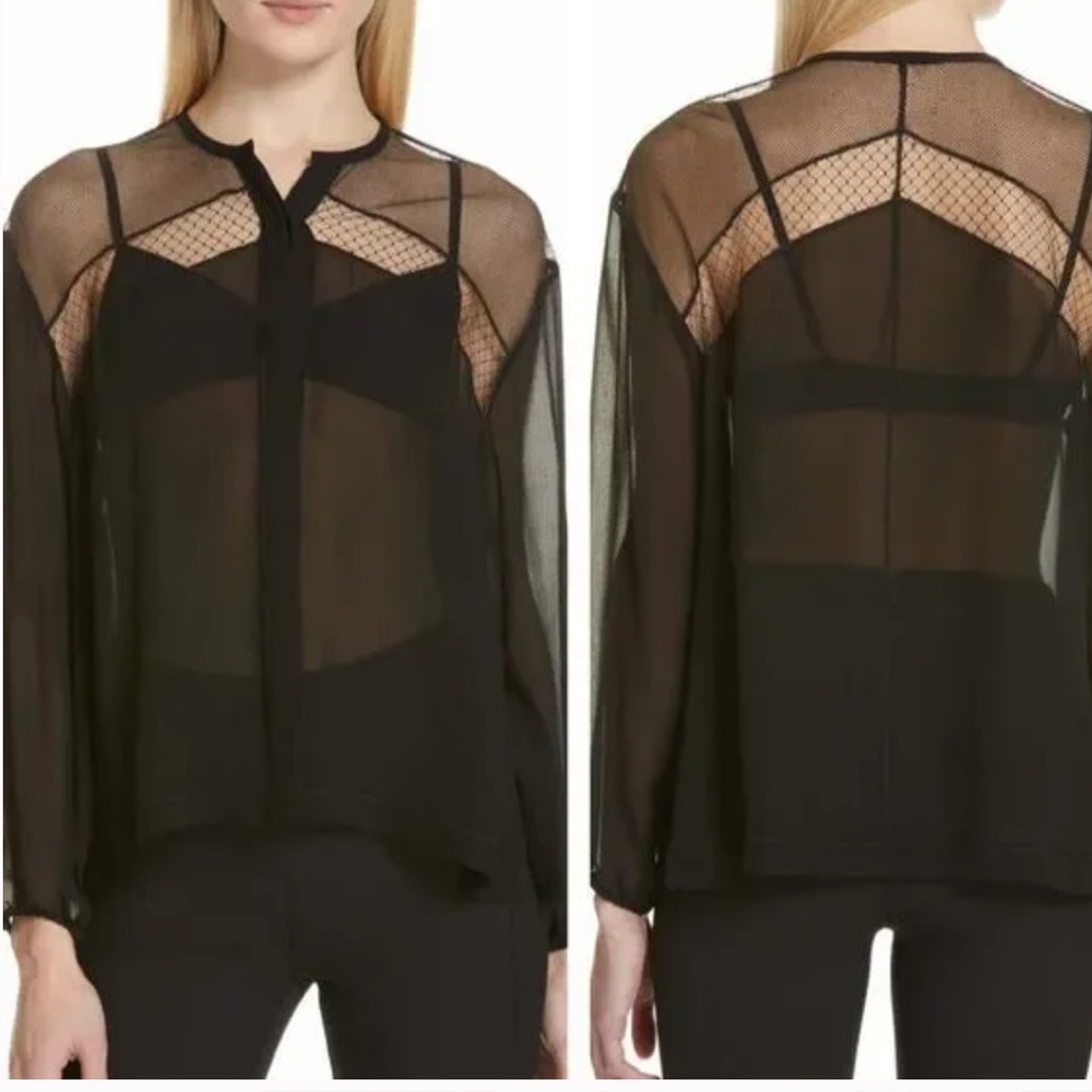 NWOT Rag & Bone Black Silk 3/4 Sleeve Sheer Blouse with Lace/Mesh Size XS